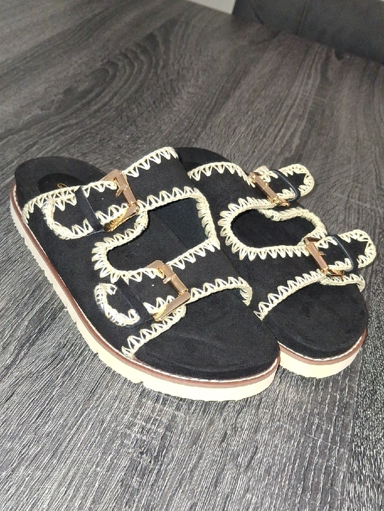 Shoes - Black Suede- Double Buckle /Slide Sandals with Cream Stitching- W Sz 10